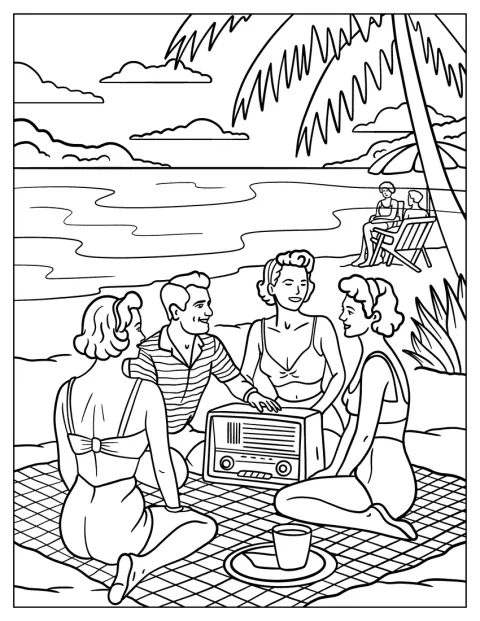 Venner har piknik ved havet og lytter til radio.