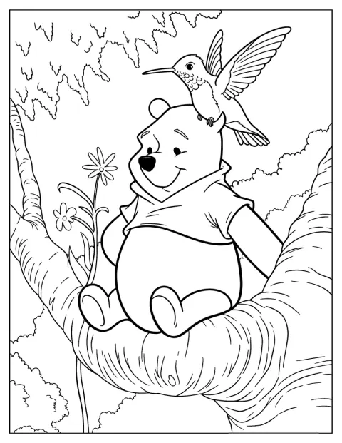 Winnie the Pooh está en el bosque junto a un colibrí.