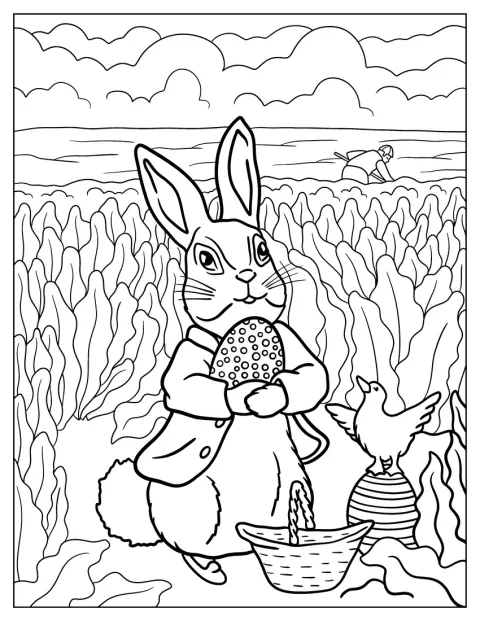 No meio de um campo, Peter Rabbit segura um ovo da Páscoa.