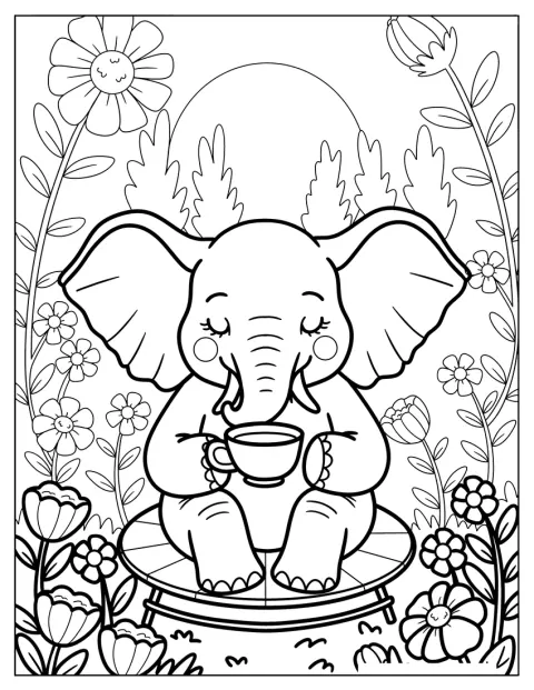 Charming Cartoon Elephant Coloring Page with Blushing Cheeks in a Tranquil Flower Garden