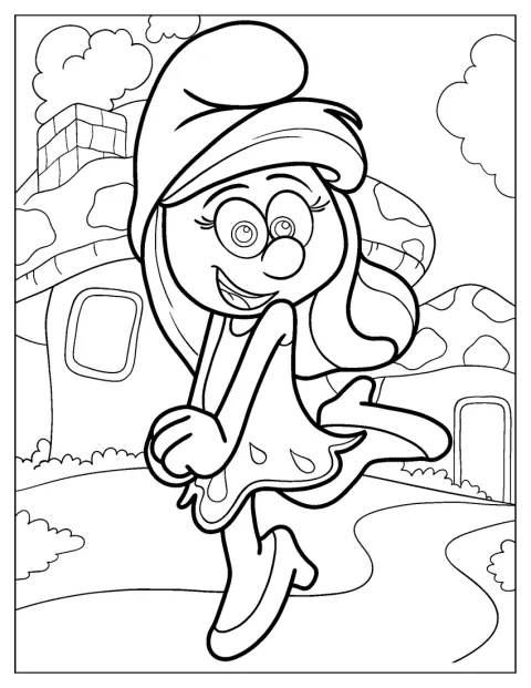 Smurfette surge com um estilo kawaii e expressão sorridente.