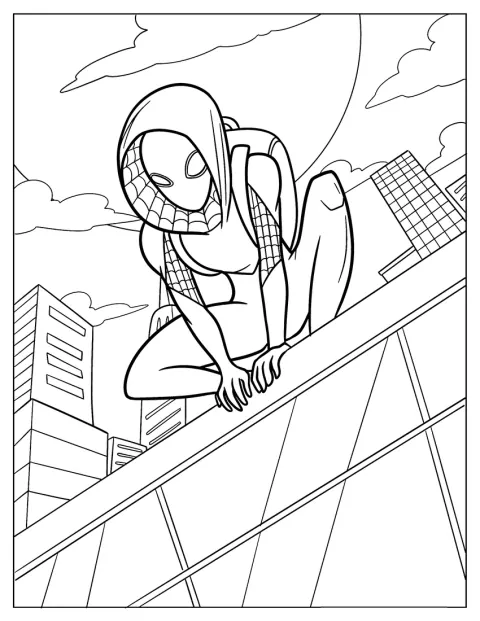 Spider-Gwen mira hacia abajo desde la azotea de un edificio.