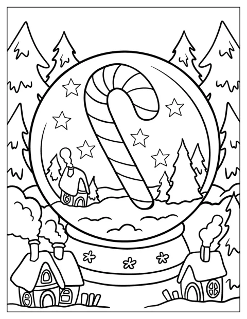 Uma bengala doce está dentro de um globo de neve.