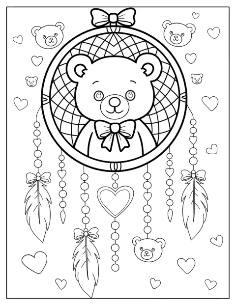 Medvídek sedí uvnitř lapače snů, z něhož visí peříčka a srdíčka.