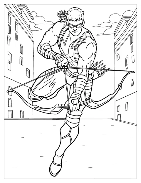 Der muskulöse Hawkeye legt einen Pfeil auf die Sehne.
