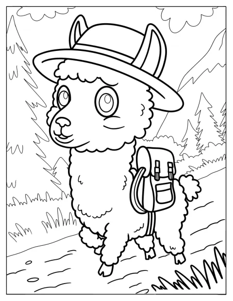 Dobrodružná lama putuje lesem mezi stromy.