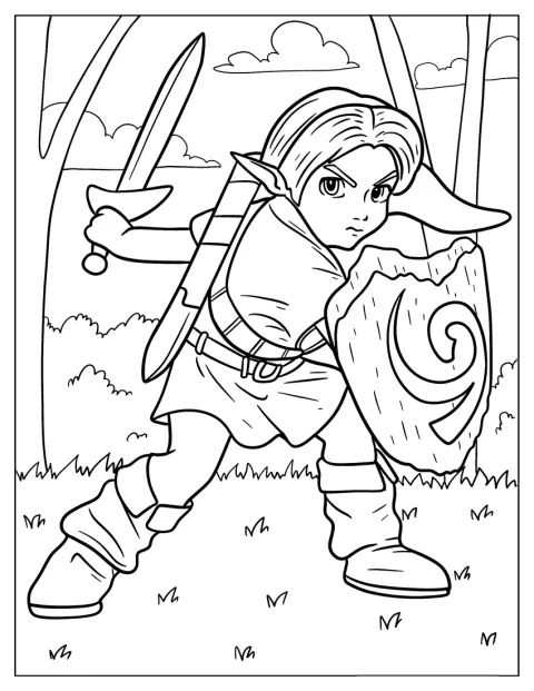 Zelda segura uma espada e um escudo numa pose de combate.