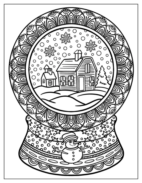 O căsuță de iarnă se vede într-un glob de zăpadă încadrat de ornamente festive.