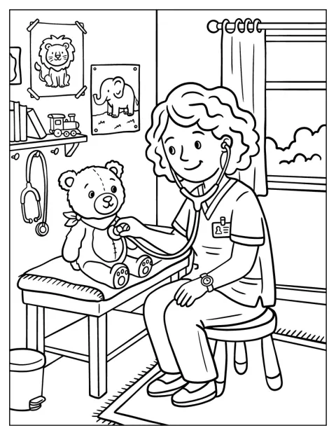 Doctor Using Stethoscope on a Teddy Bear Coloring Page