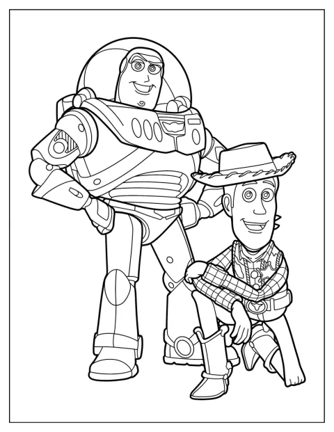 Buzz Lightyear und Woody stehen nebeneinander als einfache Umrissfiguren.