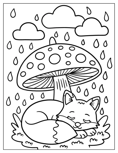 子ギツネが大きなキノコの下で、雨宿りをしています。