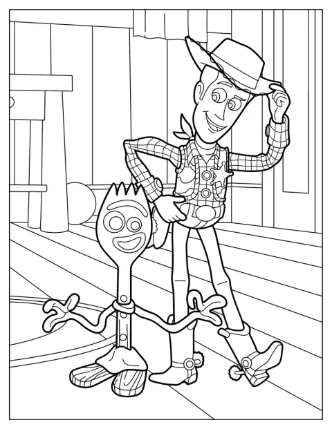 Woody steht neben Forky, dem gebastelten Spielzeug.