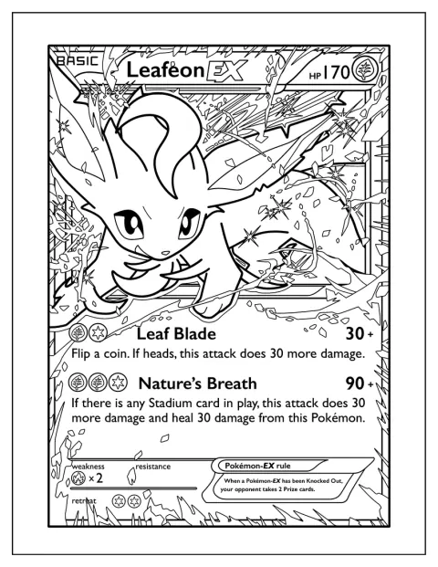 Leafeon používá útok Listový meč na kartě Pokémon.