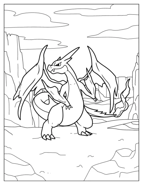Charizard står med vingene spredt og halen i flammer.