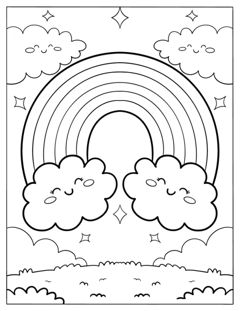 Ein Regenbogen funkelt zwischen den Wolken am Himmel.