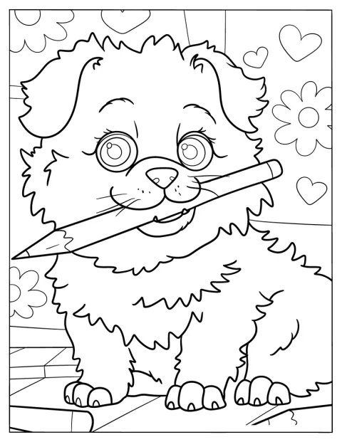 Un chiot duveteux mordille un crayon entre ses dents.