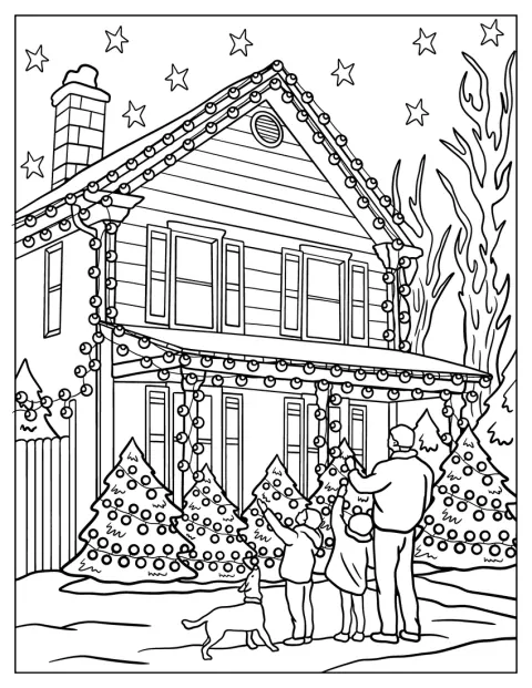 En familj skålar och tittar på ett hus täckt av julbelysning.