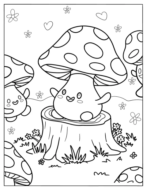 En søt kawaii-sopp sitter på en gammel trestubbe.