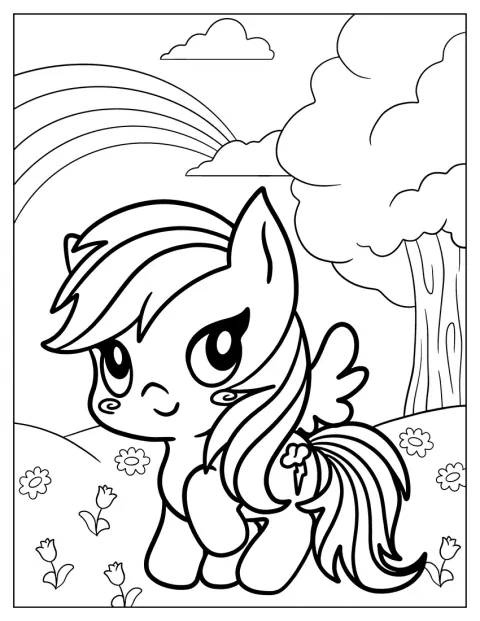 Rainbow Dash, en version kawaii, se promène dans un champ fleuri.
