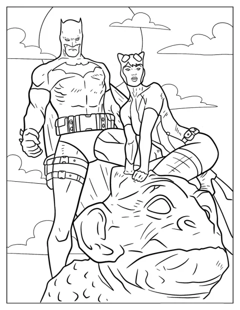 Batman és Macskanő egy épület tetején, egy vízköpő mellett áll.