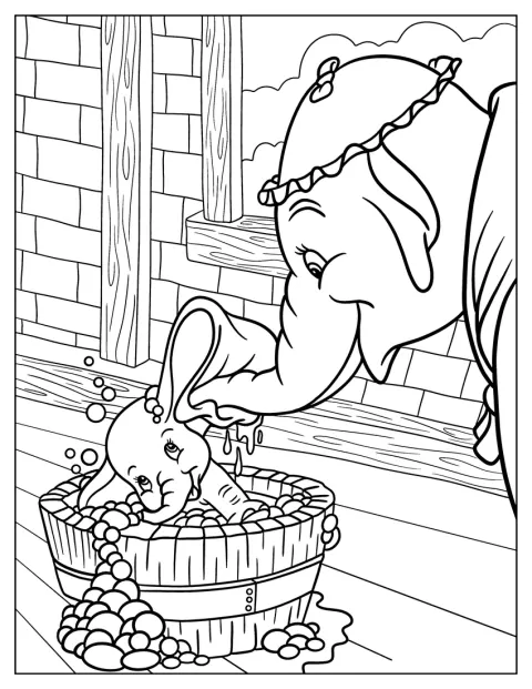 Mrs. Jumbo vasker baby Dumbo i et badekar.