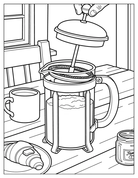 Eine French Press steht auf einem gedeckten Frühstückstisch.