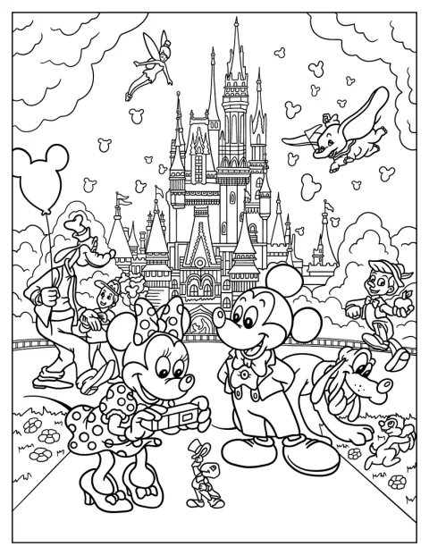 Skupina Disneyho postaviček stojí před podrobně vykresleným zámkem.