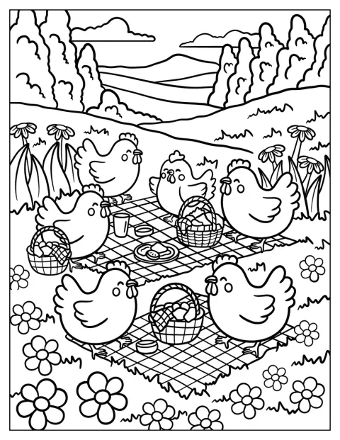 Hönor har picknick med korgar och godsaker på en blomsteräng.