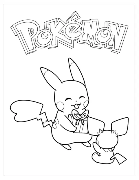 Pikachu ojentaa Pichulle lahjapaketin.