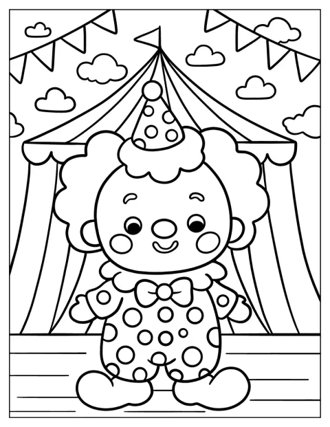 Un payaso chibi con traje de lunares posa delante de una carpa de circo.