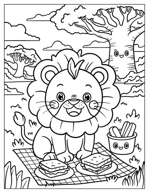 Veselý lev sedí na piknikové dece v parku.