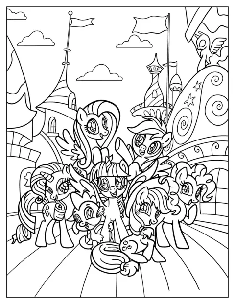Varios personajes de My Little Pony aparecen en una escena detallada.