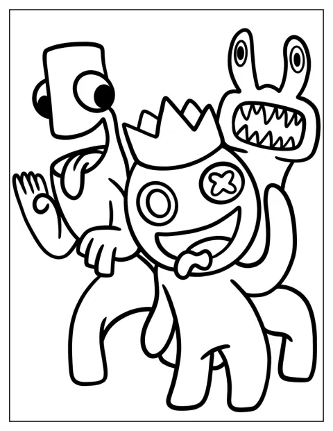 Los personajes rosa, azul y verde de Rainbow Friends saludan con la mano.