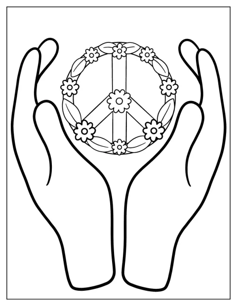 Duas mãos erguem um símbolo da paz decorado com flores.
