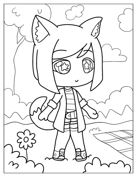 猫耳の女の子が、かわいらしい服を着て立っています。