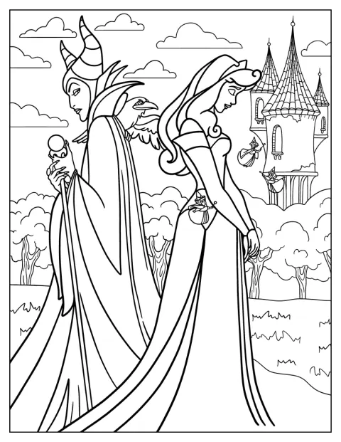 Maleficent și Aurora stau spate în spate.