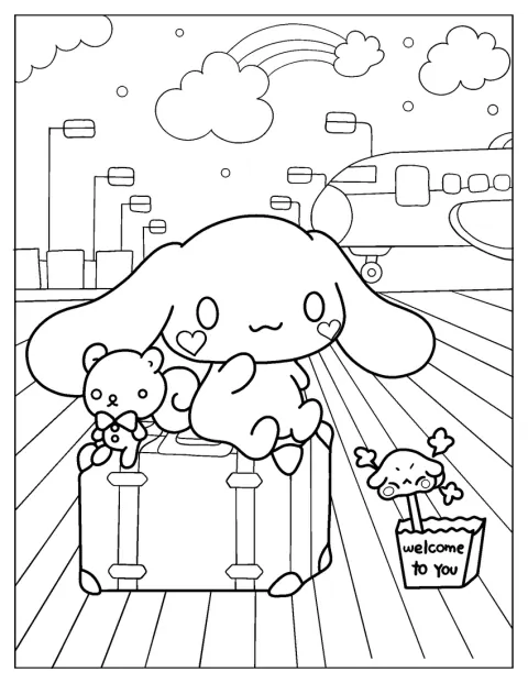 Cinnamoroll a repülőtéren várakozik az indulásra.