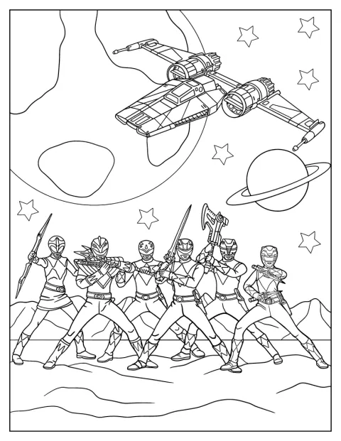 Los Power Rangers luchan en el espacio, rodeados de estrellas.