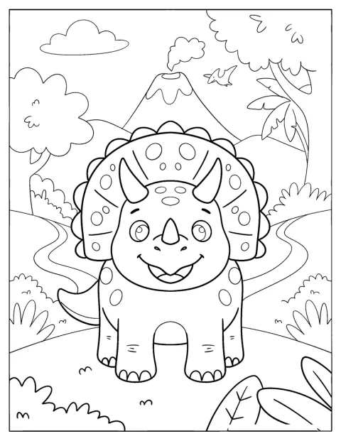 Een glimlachende Triceratops staat naast een vulkaan.