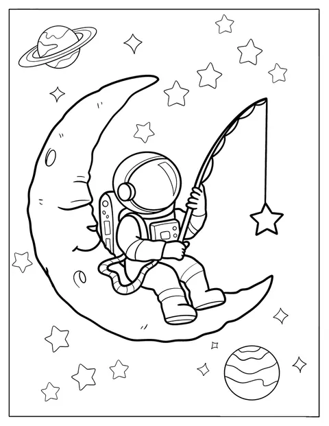 Auf einer Mondsichel sitzend, angelt ein friedlicher Astronaut nach Sternen.