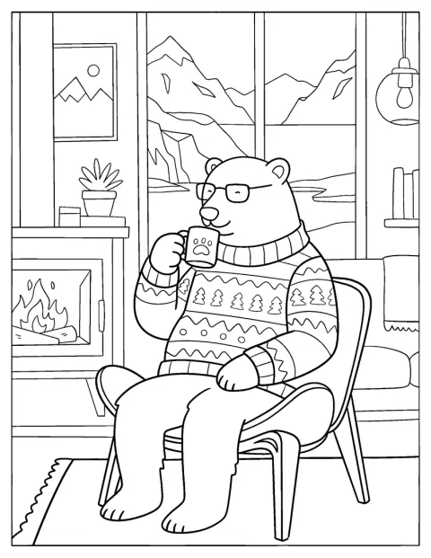 クリスマスセーターを着たシロクマが、紅茶を飲んでいます。