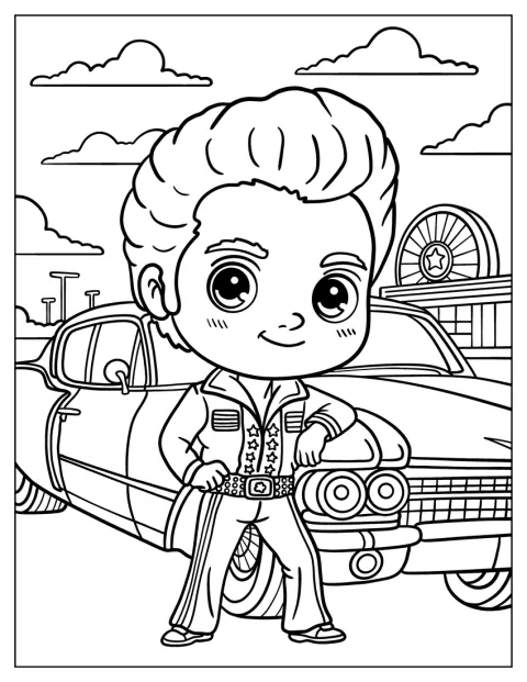 Elvis, dibujado en estilo kawaii, se apoya en su coche en un parque de atracciones.