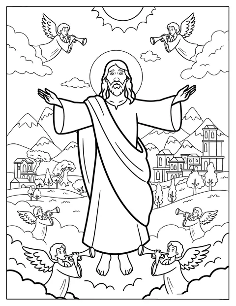Jesus står omgivet af engle, der blæser i trompeter.