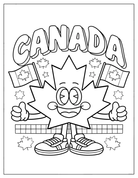 Una hoja de arce sonriente aparece junto a varias banderas canadienses.