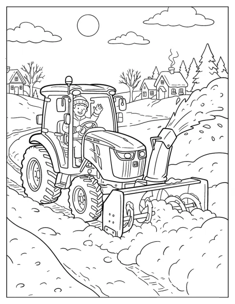 Um trator John Deere equipado com limpa-neves está pronto para retirar neve.
