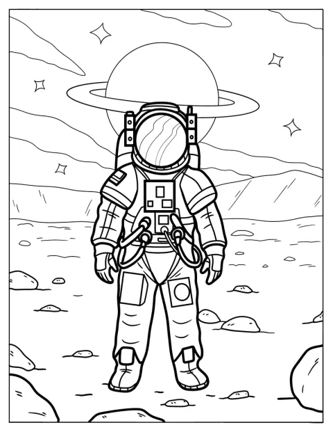 Ein Astronaut steht auf einem Planeten, während im Hintergrund ein Ringplanet schwebt.