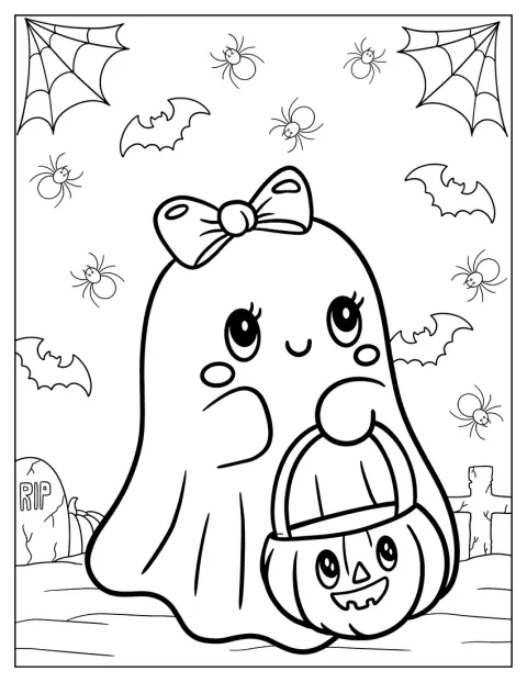 Trick or Treating Ghost Coloring Page With A Bow And A Jack O Lantern Bag