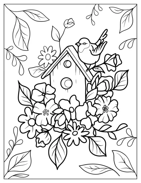 Ein Vogel sitzt am blumengeschmückten Vogelhaus.