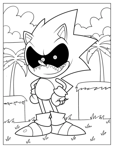 Med ett leende stirrar Sonic Exe fram med blodiga ögon.