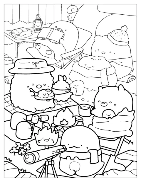 A Sumikko Gurashi figurái Minnikókkal üldögélnek a kerti tábortűznél.